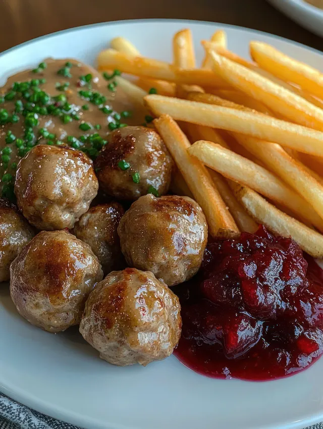 Meatballs and crispy fries on a white plate with brown herb gravy and red lingonberry sauce.