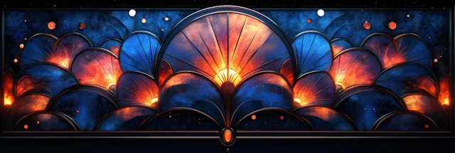 Art Deco geometric pattern with ambient lighting on wall tile, orange and blue glow