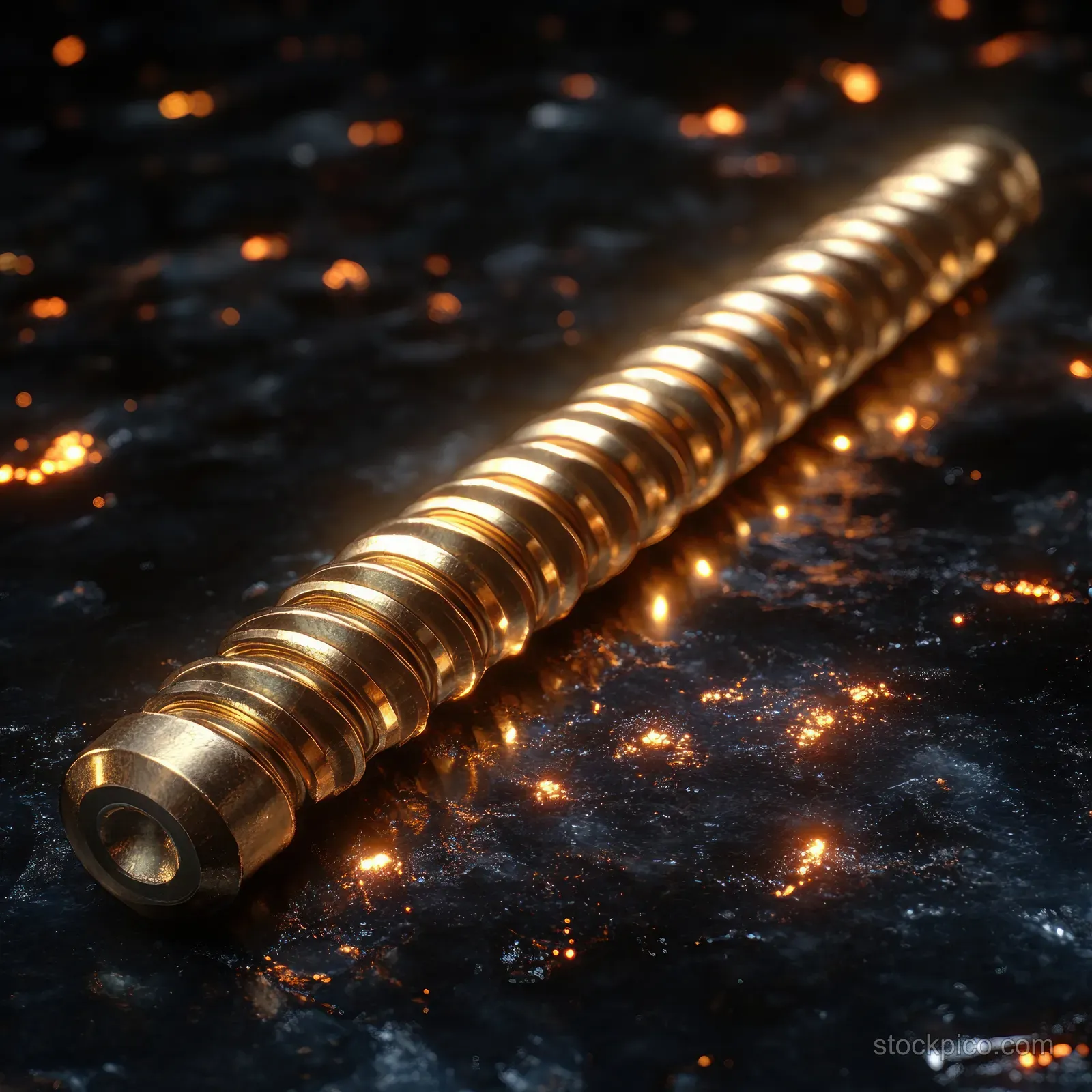 Macro view of a golden screw diagonally on a dark metal surface with glowing sparks around its threaded body.