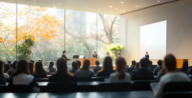 Speaker delivers keynote in conference room while audience listens attentively