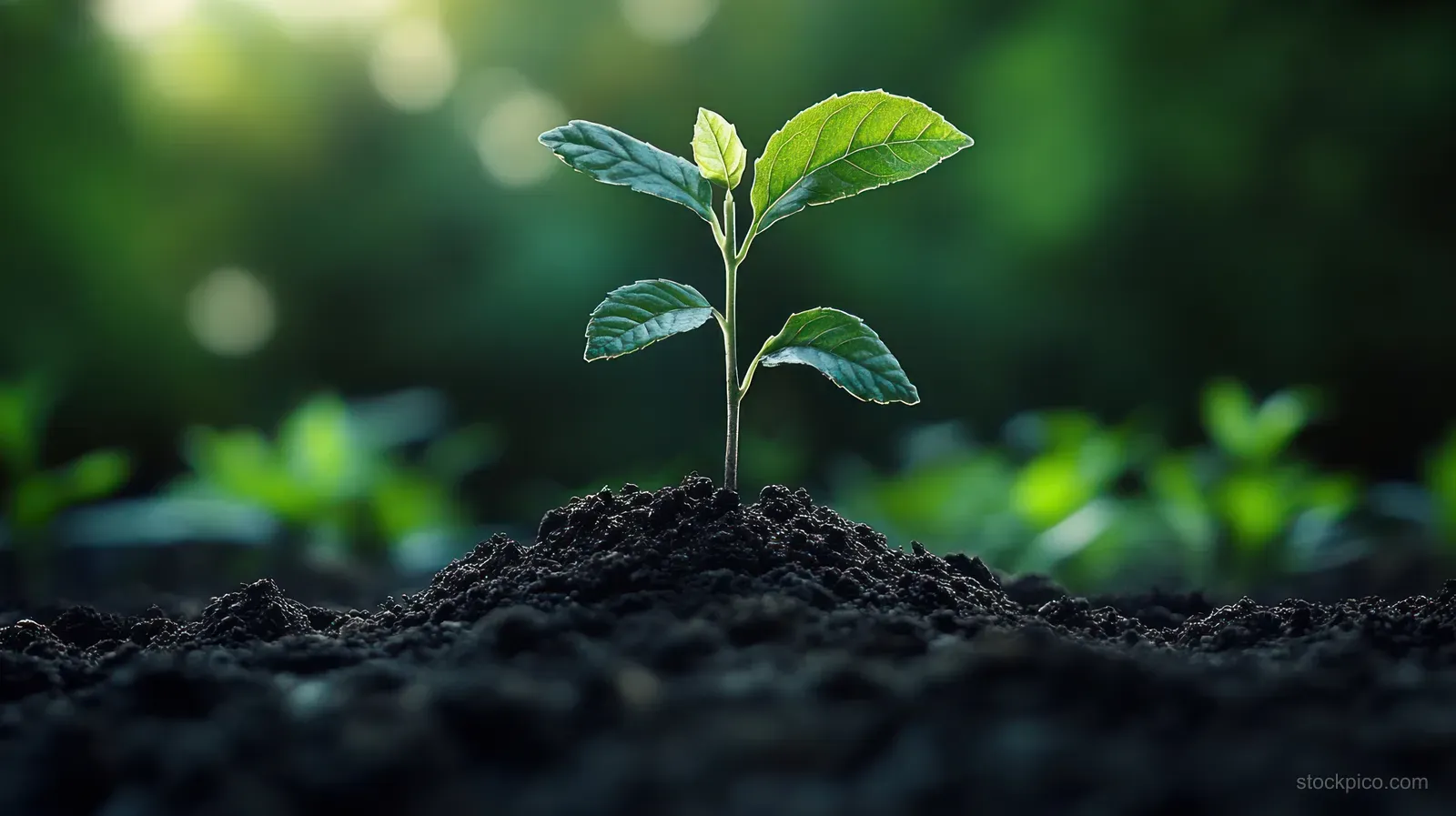 A young green seedling sprouts from dark soil with a softly blurred green garden background behind it.