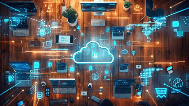 Icono de nube brillante rodeado de pantallas de documentos flotantes y una interfaz de dispositivos inteligentes con un candado de seguridad en un espacio de trabajo tecnológico.