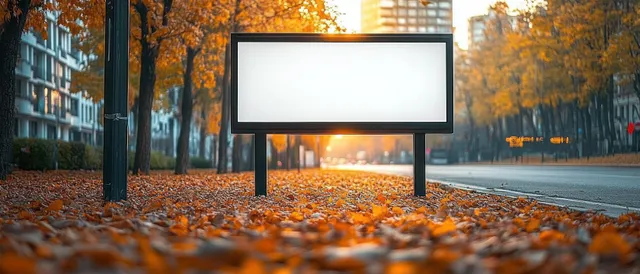Empty roadside billboard framed by autumn trees, leaf-covered pavement at golden hour sunset