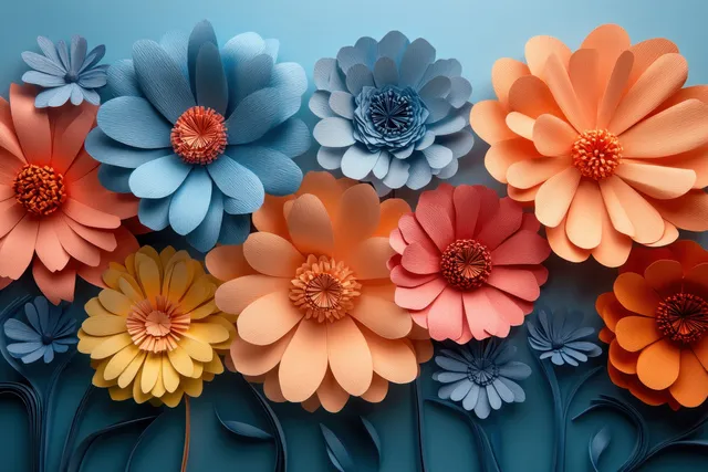 Colorful paper flowers arranged in a top view still life on pastel backdrop