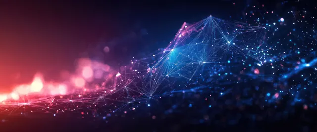 Glowing polygon network nodes connect through blue and pink data lines across a dark cyberpunk landscape.