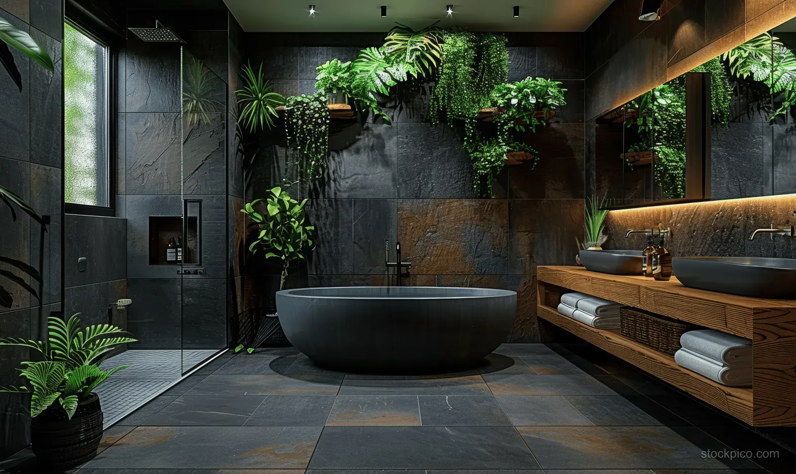 Oval bathtub sits in a modern bathroom with dark gray tiles, double sink vanity, black fixtures, and green plants.