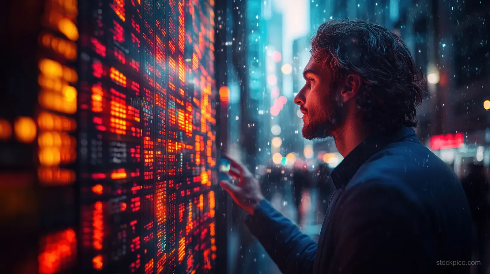 A businessman in a blue suit points at glowing digital stock market charts while profit growth holograms float nearby.