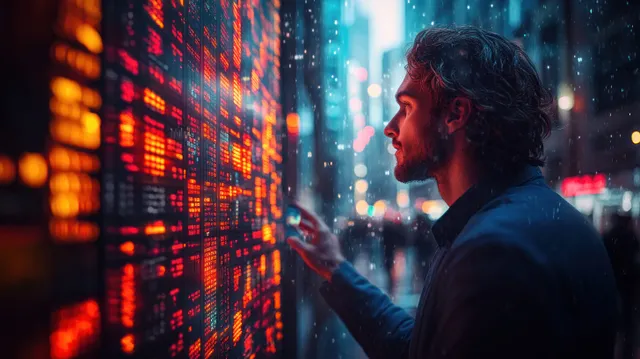 Businessman in blue suit analyzing digital stock market charts with profit growth hologram