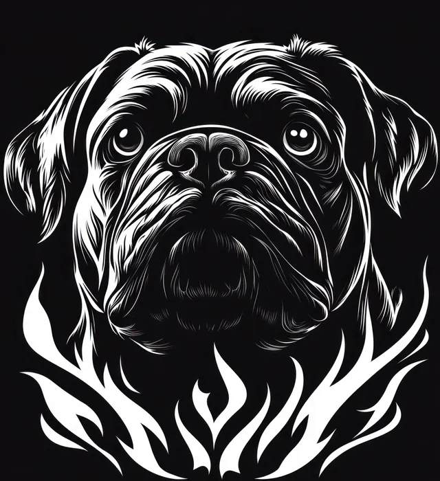 High-contrast black and white dog face portrait with detailed fur and flame-like abstract shapes behind it.