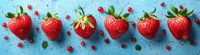 Red strawberries with green leaves scatter across a light blue splash background