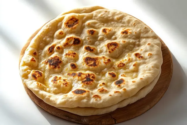 Golden flatbread with charred spots on a wooden board under soft natural light.