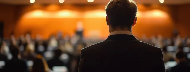 Back view of a speaker in a conference auditorium facing a seated audience during a seminar.