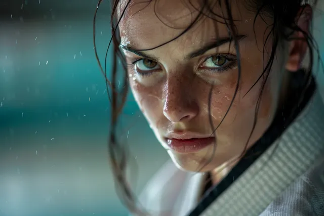 A determined female judoka leans forward with sweaty focus, gripping her gi collar in a tense competition setting.
