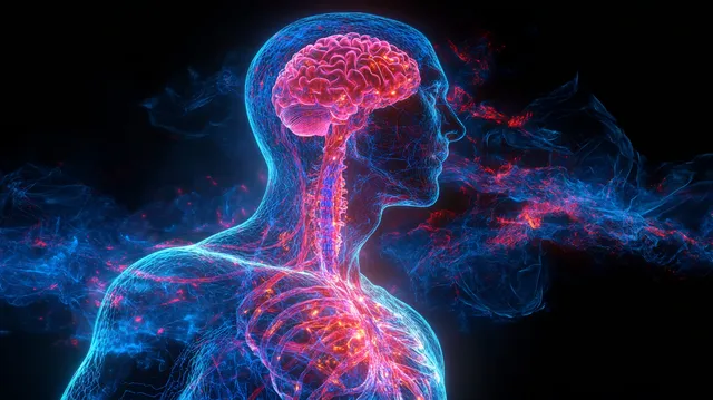 Human head and chest profile exhaling glowing smoke showing brain nerves and lung pathways