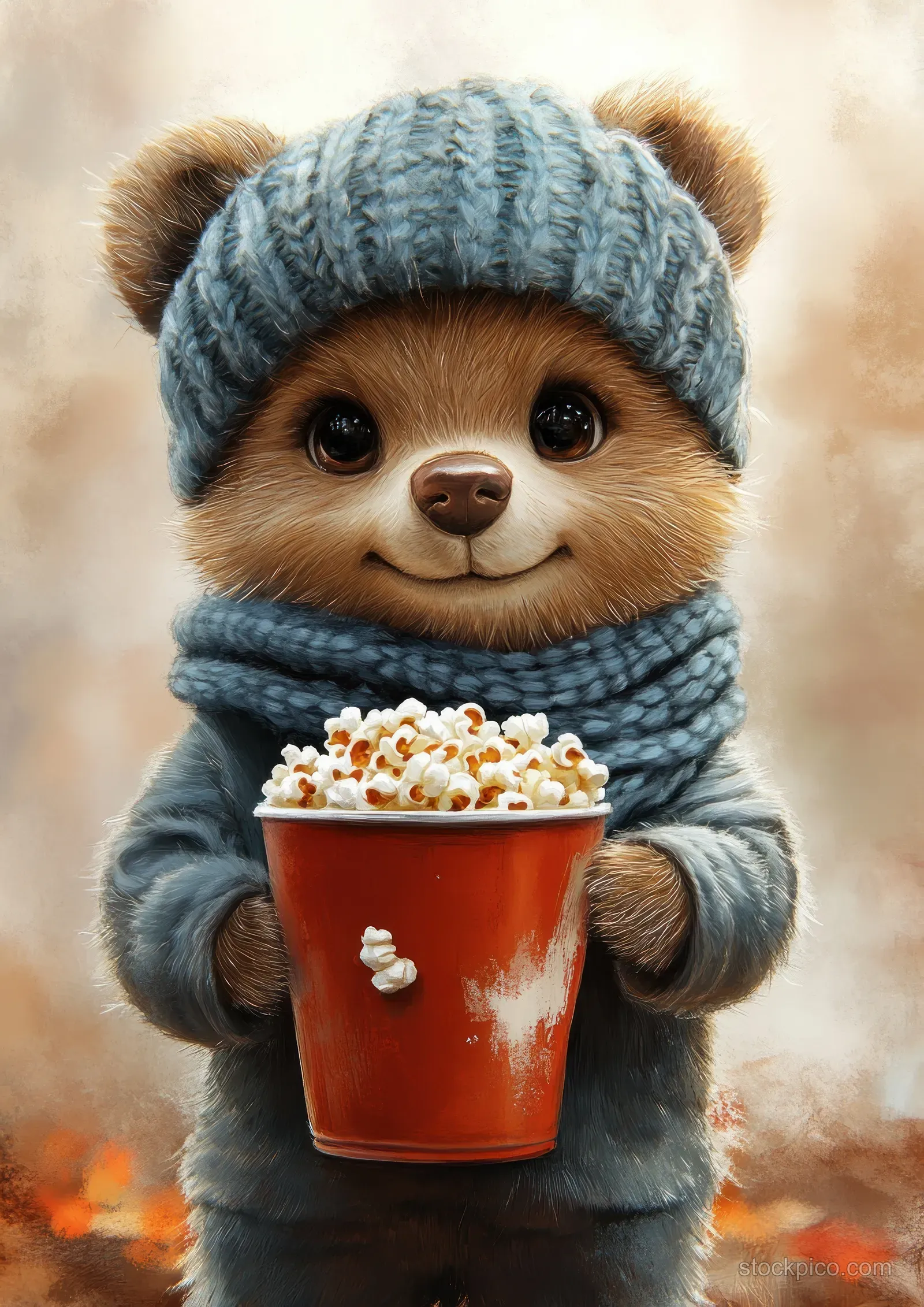 A teddy bear in a blue knitted hat and scarf holds a mug filled with popcorn against a snowy, warm bokeh background.