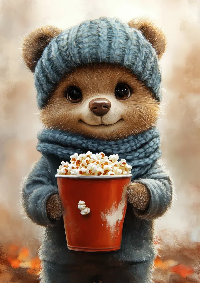 A teddy bear in a blue knitted hat and scarf holds a mug filled with popcorn against a snowy, warm bokeh background.