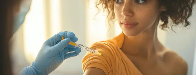 A gloved healthcare worker injects a vaccine into a patient’s upper arm in a softly lit clinic.