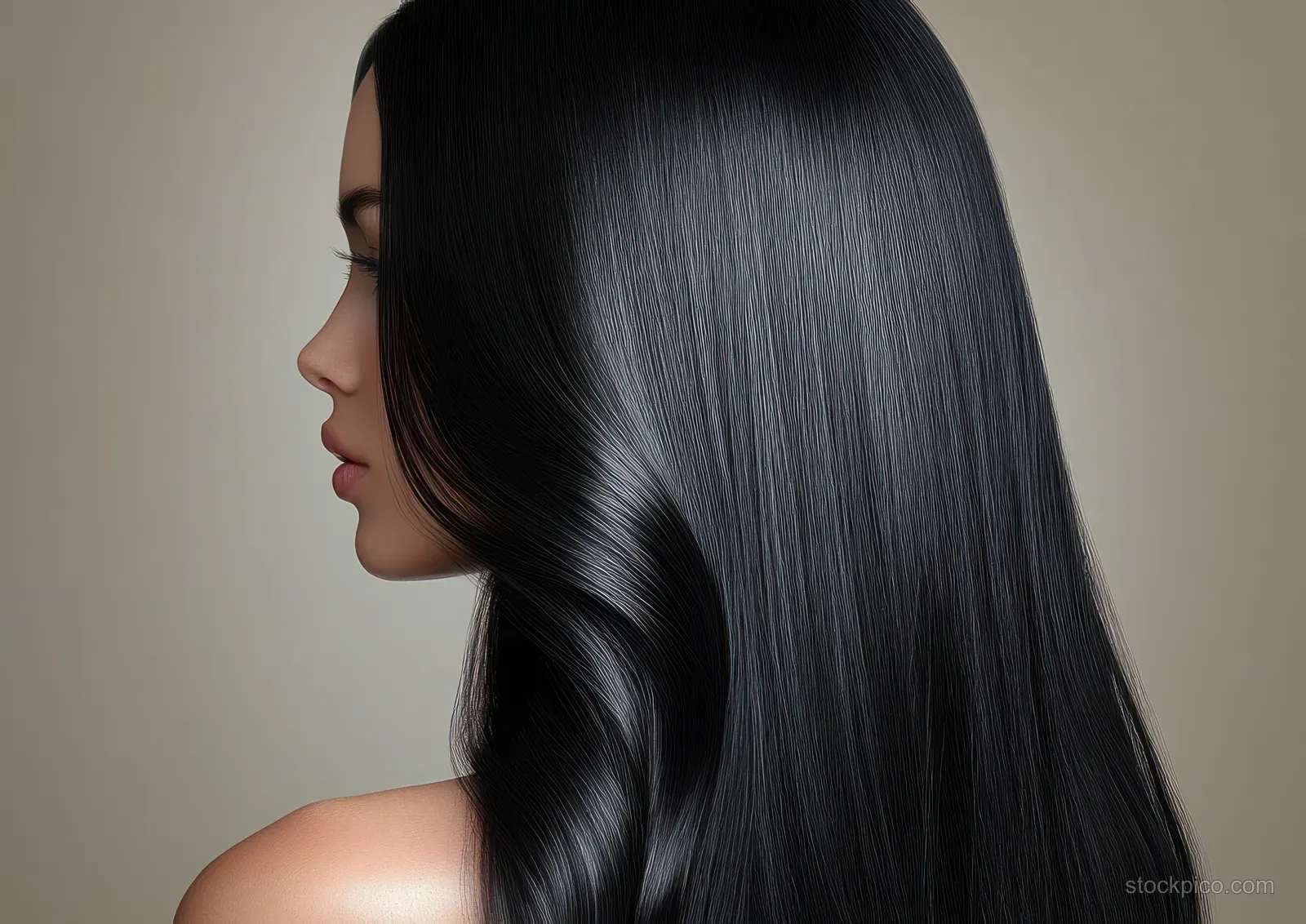 Woman photographed from behind showing glossy long black hair against a neutral soft gradient studio background.
