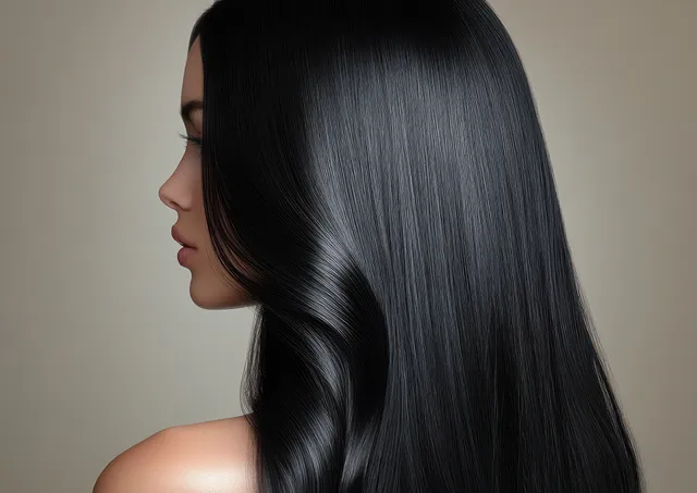 Woman photographed from behind showing glossy long black hair against a neutral soft gradient studio background.