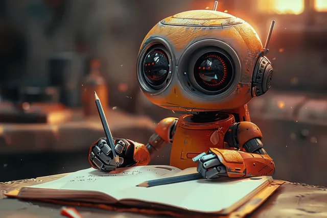 Cute robot writing homework in open notebook on desk with pencil, cinematic warm lighting