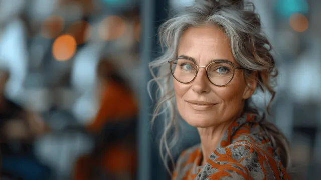 A middle-aged woman with glasses smiles while using a tablet at her desk in a softly blurred office.
