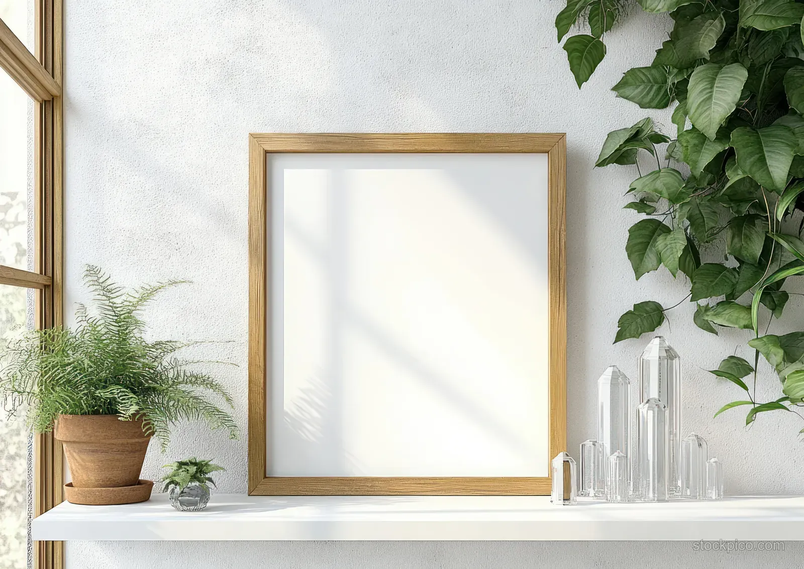 Wooden picture frame centered on a shelf beside green plants and clear crystal candles against a white wall.