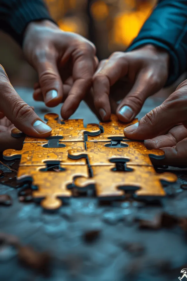 Multiple hands fit golden jigsaw puzzle pieces together on a tabletop during teamwork.