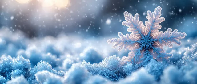 Single detailed snowflake resting on blue glittery snow with soft bokeh lights