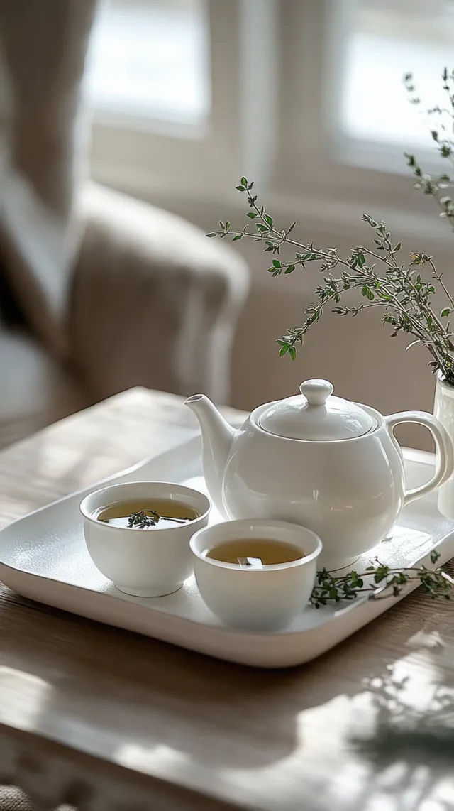 White ceramic teapot and two cups of herbal tea on a tray with fresh green sprigs in soft daylight.
