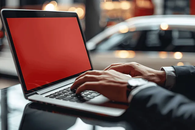 Man’s hands typing on a laptop with a blank red screen while cars blur in a showroom.