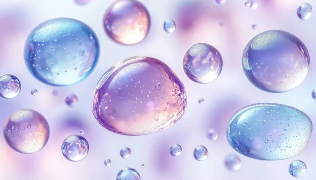 Multiple translucent purple and blue bubbles float on a soft pastel gradient background with tiny sparkling particles.