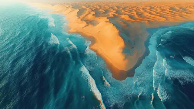 Aerial scene shows desert sand meeting turquoise ocean with white waves breaking along a curved shoreline.