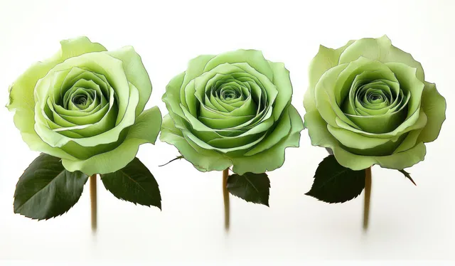 Three green roses with leafy stems arranged in a row against a white background.