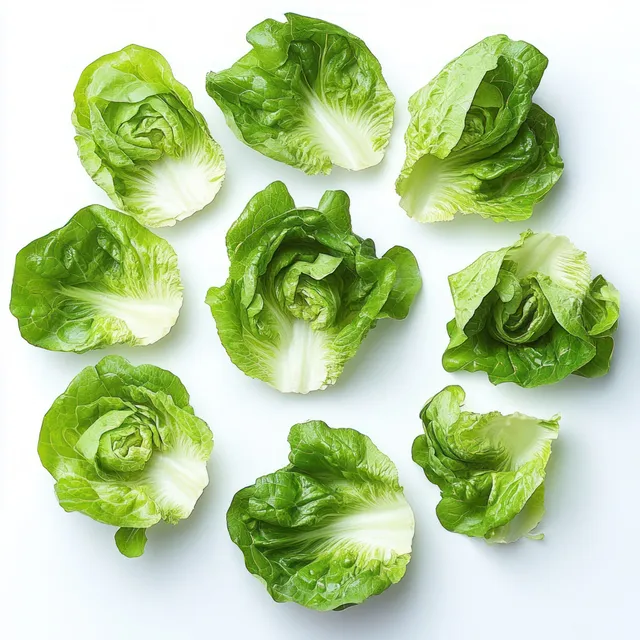 Fresh green lettuce leaves arranged in a circle on a white background with visible crisp texture.