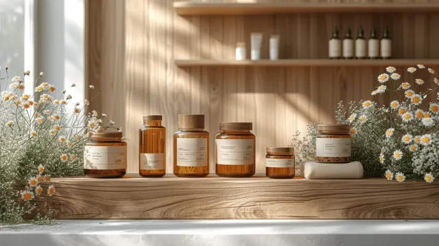 Eco-friendly cosmetic jars and bottles on wooden shelf with daisies