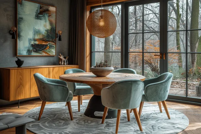 Mint green sofa and a round wooden dining table sit in a Scandinavian living room with a large window and pendant light.