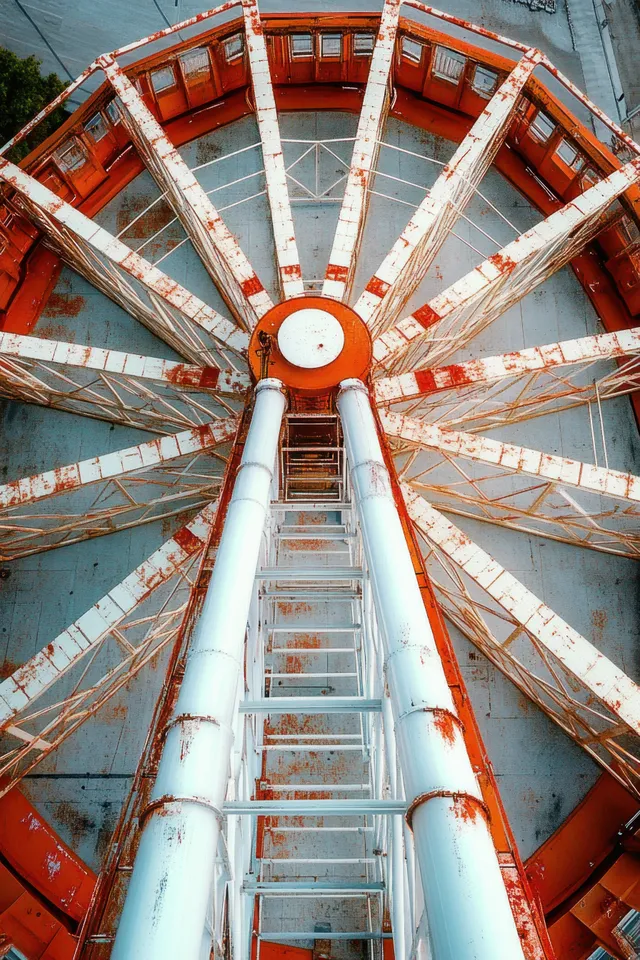 Upward view of an old rusty Ferris wheel with orange and white beams and empty cabins.