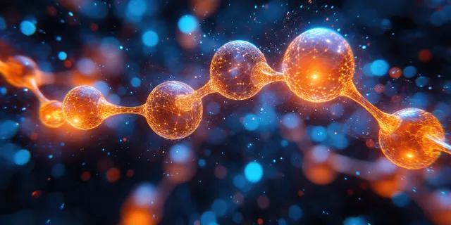 Glowing spherical atoms connected by molecular bonds float against a transparent blue scientific background.