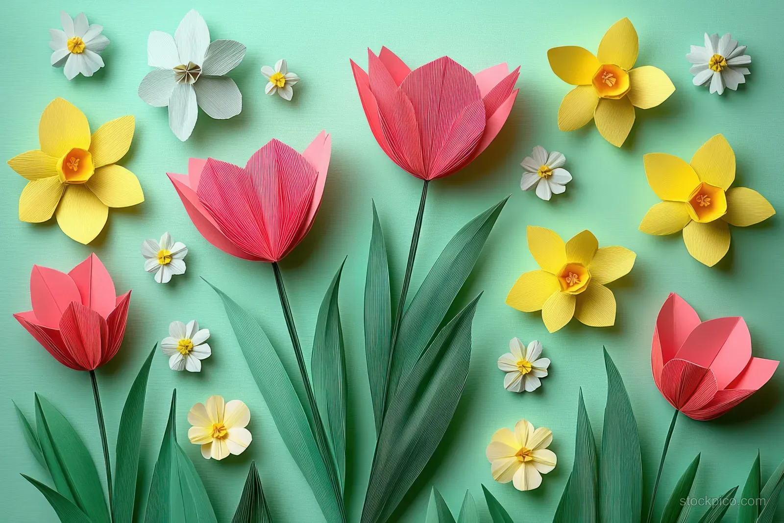 Handmade paper tulips and daffodils in pink and yellow arranged on a pastel green background.