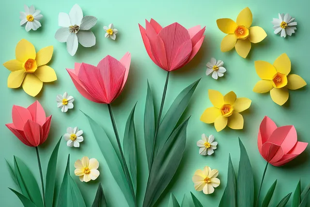 Handmade paper tulips and daffodils in pink and yellow arranged on a pastel green background.