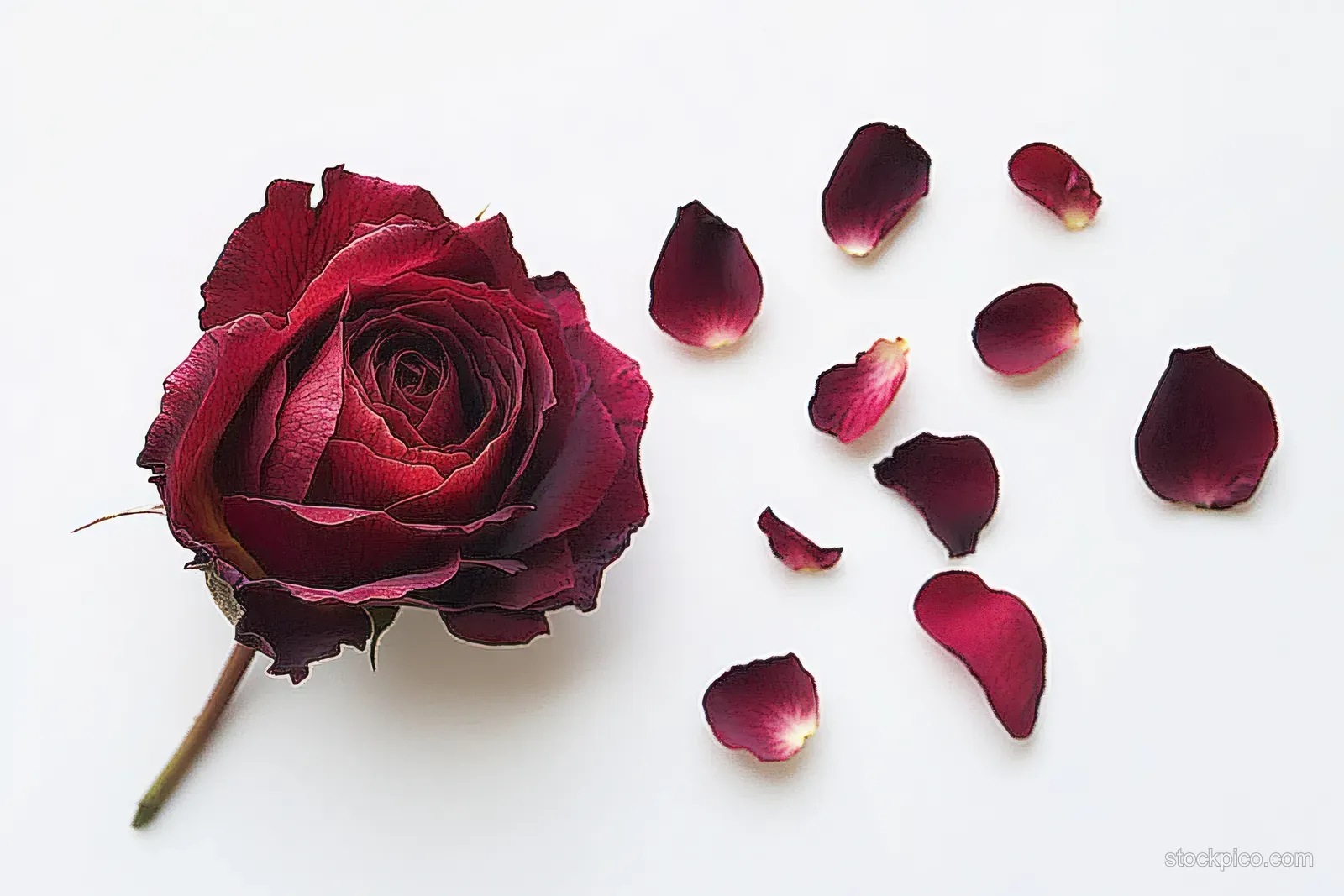 Wilted red rose with scattered withered petals on a plain white background.