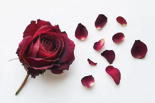 Withered red rose petals scattered around single wilted bloom on white background with Still Life