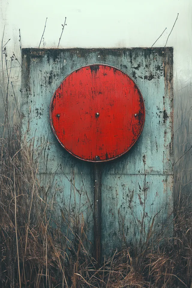 A red no entry sign is mounted on a weathered concrete wall with grass growing at the base.
