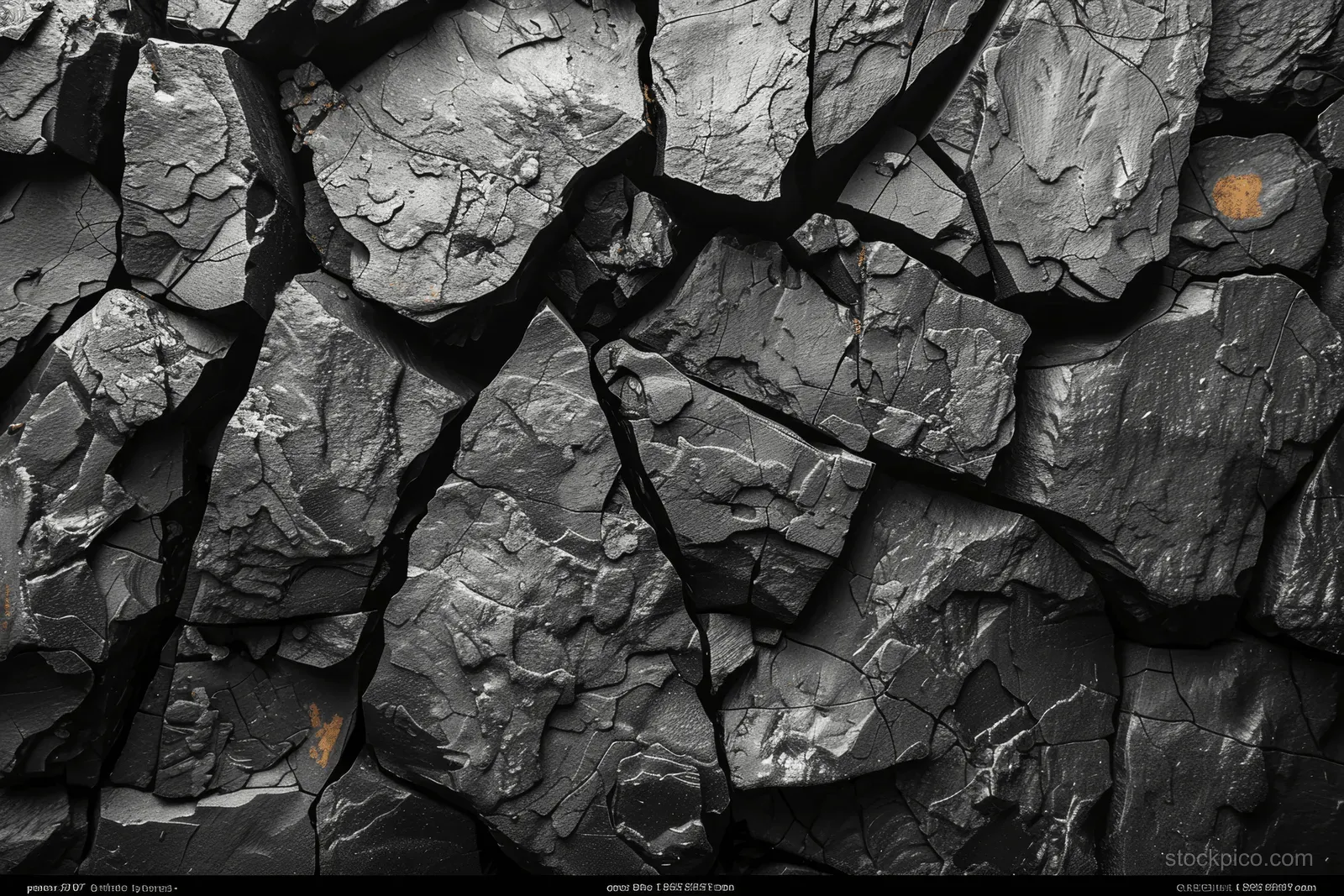 A cracked dark gray basalt rock wall with jagged stones and deep shadowed fissures fills the frame.