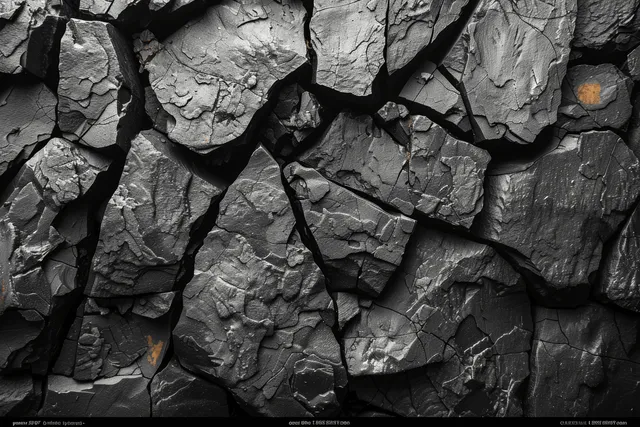 A cracked dark gray basalt rock wall with jagged stones and deep shadowed fissures fills the frame.