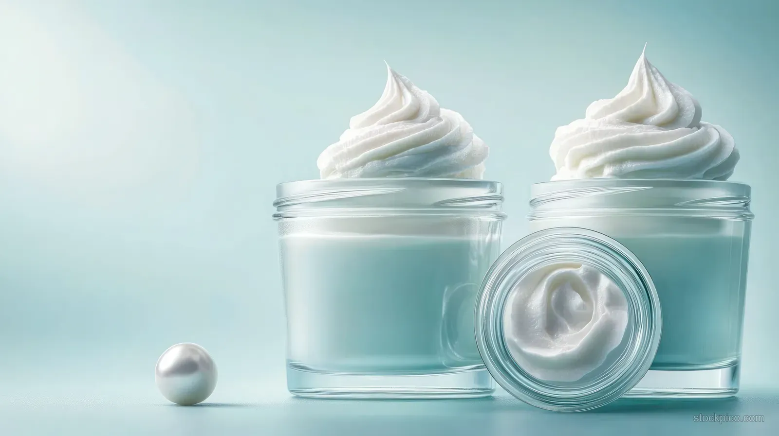 Two glass jars of white cream with swirled whipped topping sit on a soft blue background beside a shiny pearl.