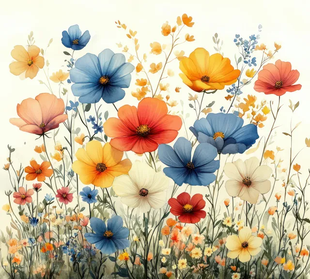 Pastel watercolor wildflowers illustration with soft sunlight glow and leafy stems