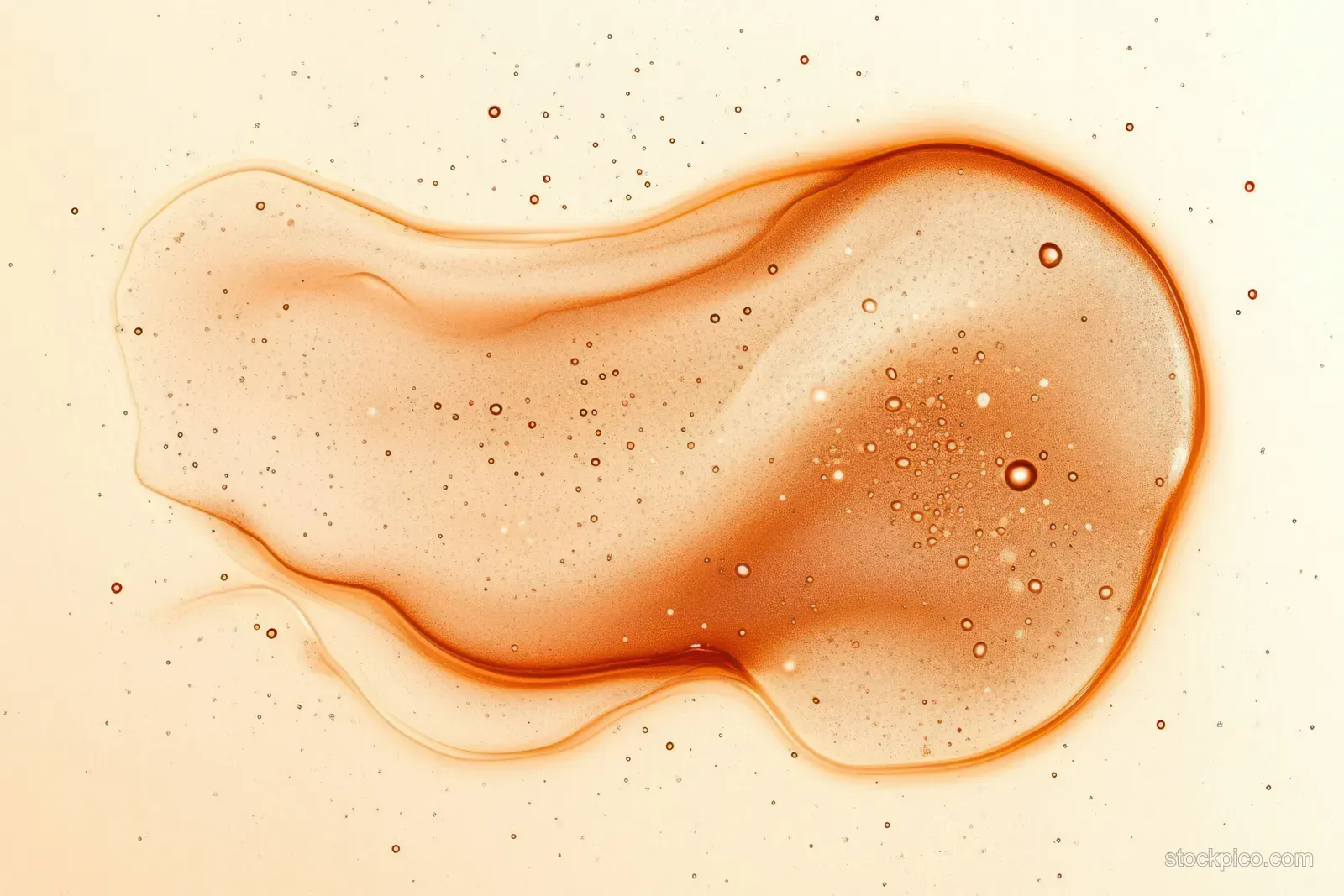 Amber liquid droplet close-up with small micro-bubbles suspended inside on a light background.