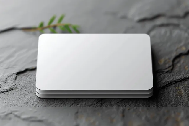 Blank white business card mockup with stacked front and back views on a grey stone surface.