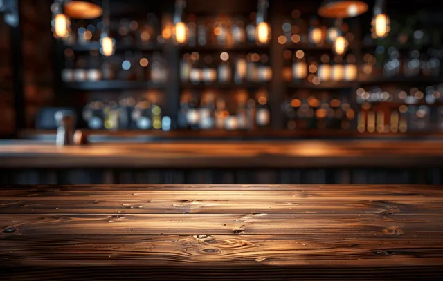 Empty rustic wooden table in a dim bar, with blurred bottles and warm bokeh lights